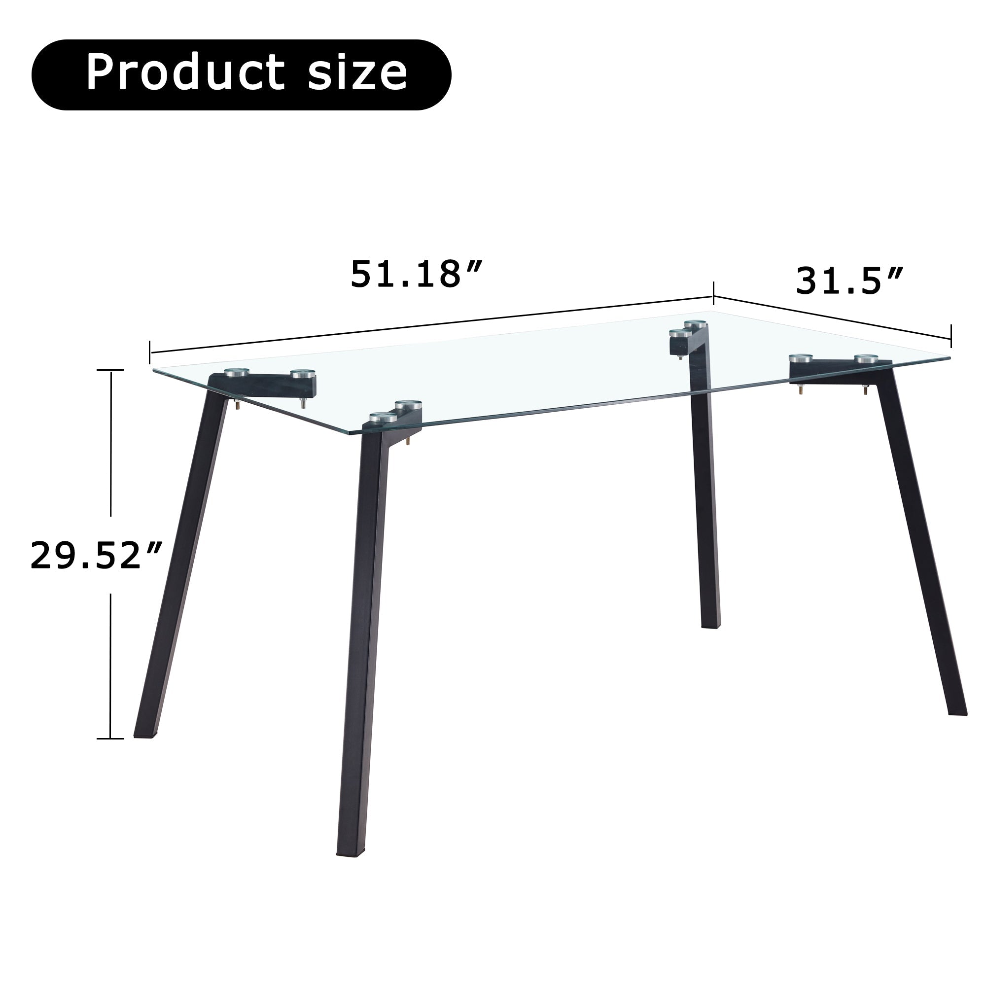 Modern Minimalist Rectangular Glass Dining Table with 0.31' Tempered Glass Tabletop and Black Coating Metal Legs, Writing Table Desk, for Kitchen Dining Living Room, 51' W x 31'D x 30' H.W1151S01839
