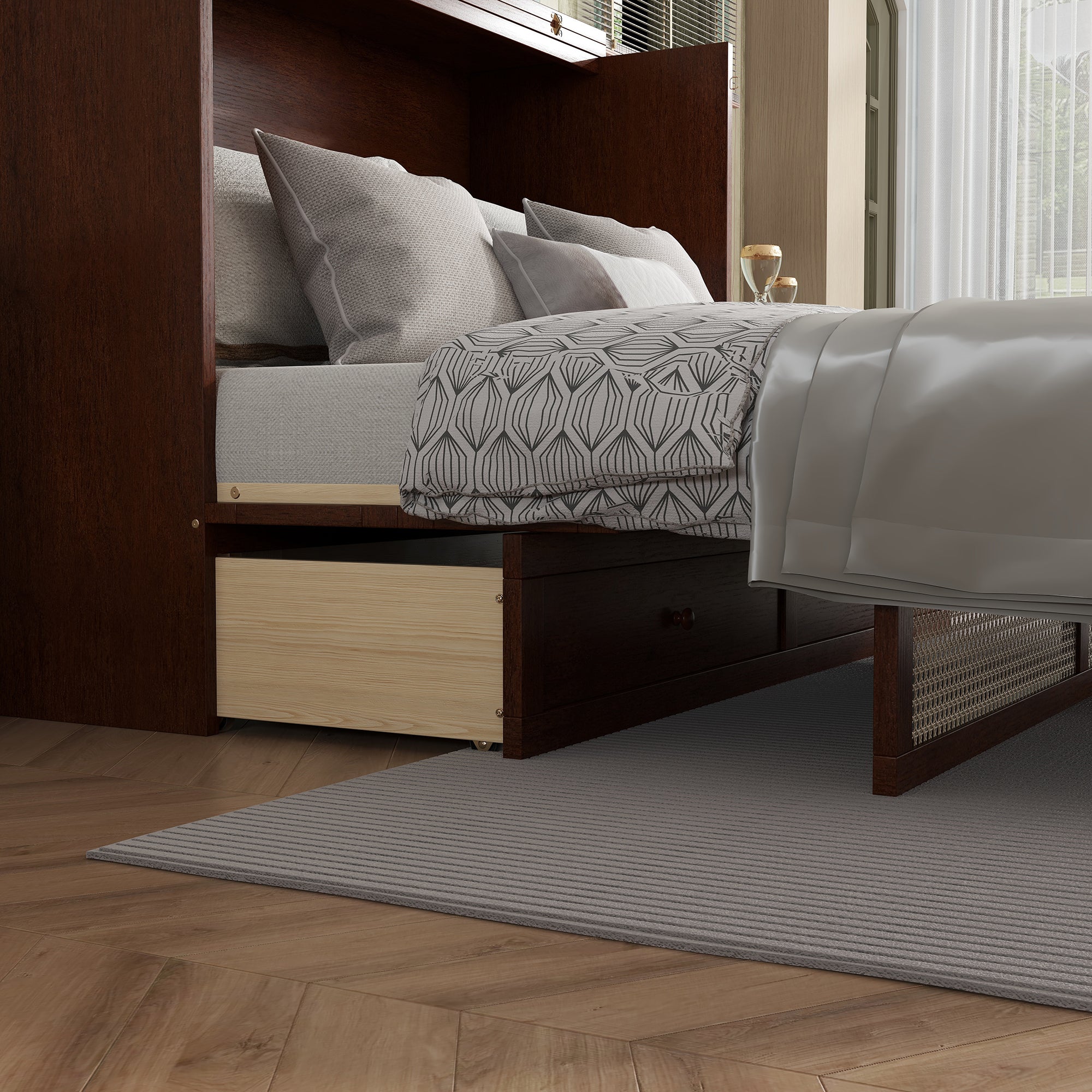 Queen Size Murphy Bed, Pine Wood Cabinet Bed with Rattan Decoration and Storage Drawer,Walnut