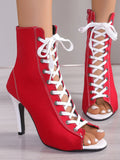 Canvas Lace-Up Peep Toe Stiletto Ankle Boots