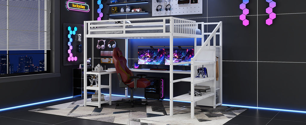 Metal Queen Loft Bed with Wardrobe and LED Light, Queen Size Loft Bed with L Shaped Desk and USB for Kids Teens Adults, White(Expect arrived on 2025/9/8)