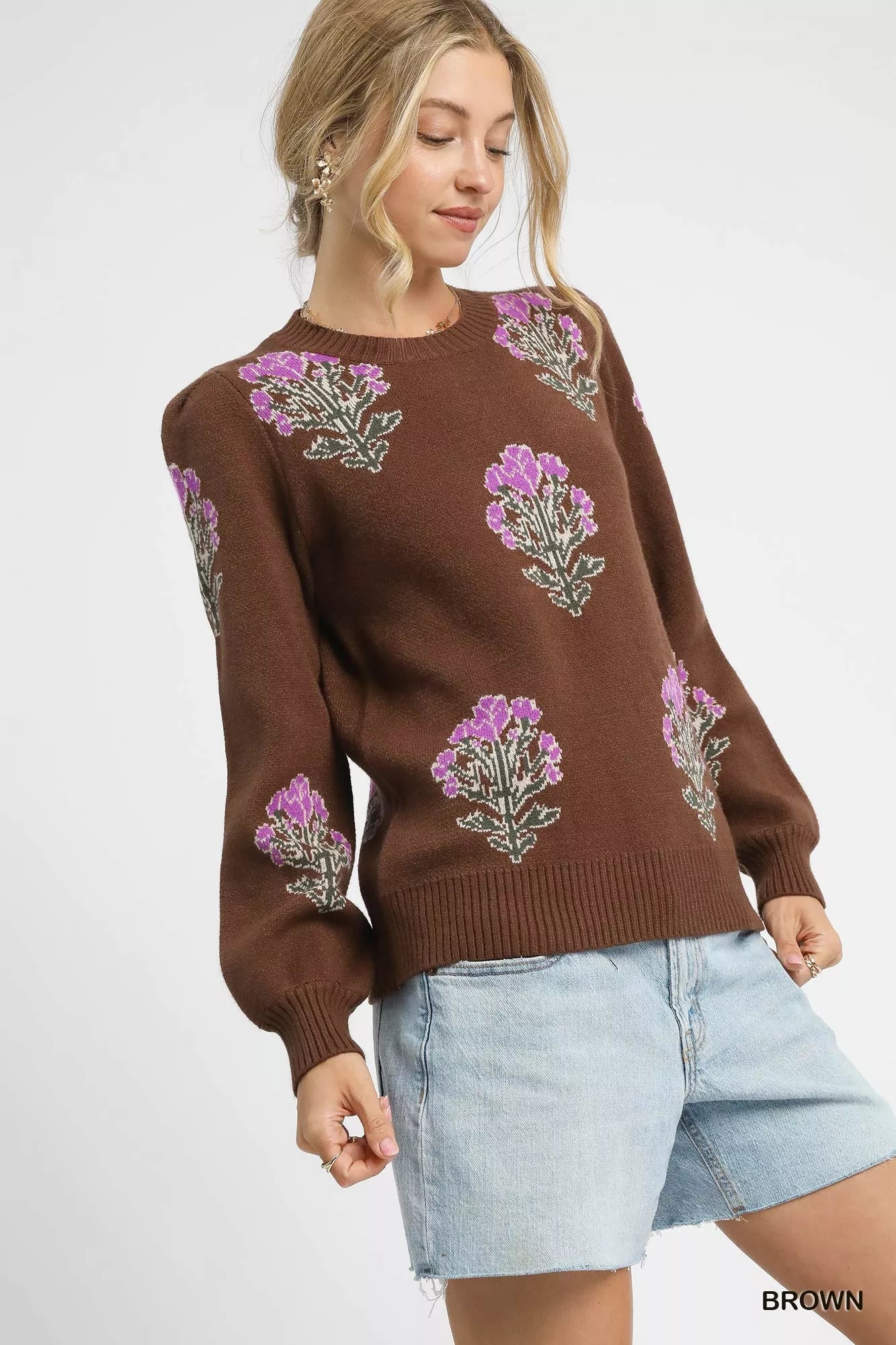 Umgee Single Flower Stem Jacquard Sweater