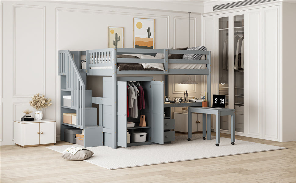 Full Size Loft Bed with Stairs, Bookshelf, Drawers, Desk & Wardrobe – Space-Saving Multifunctional Furniture for Kids & Teens-Gray