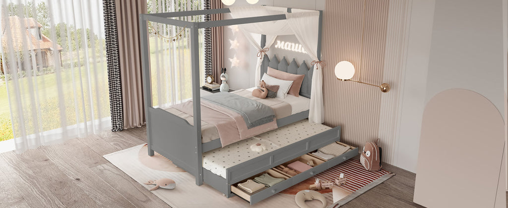 Twin Platform Bed with Upholstered Headboard,Twin Size Trundle and 3 Drawers,Princess Canopy Bed Frame for Kids,Storage & Easy Assembly,Gray