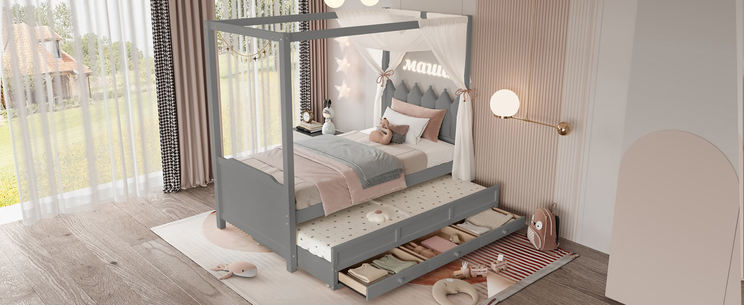 Twin Platform Bed with Upholstered Headboard,Twin Size Trundle and 3 Drawers,Princess Canopy Bed Frame for Kids,Storage & Easy Assembly,Gray