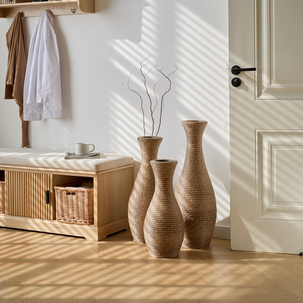 3-Piece Artificial Rattan Floor Vase Set – Decorative Accent for Living Room, Hallway & Entryway, Ideal for Dried or Silk Flower Arrangements, Beige