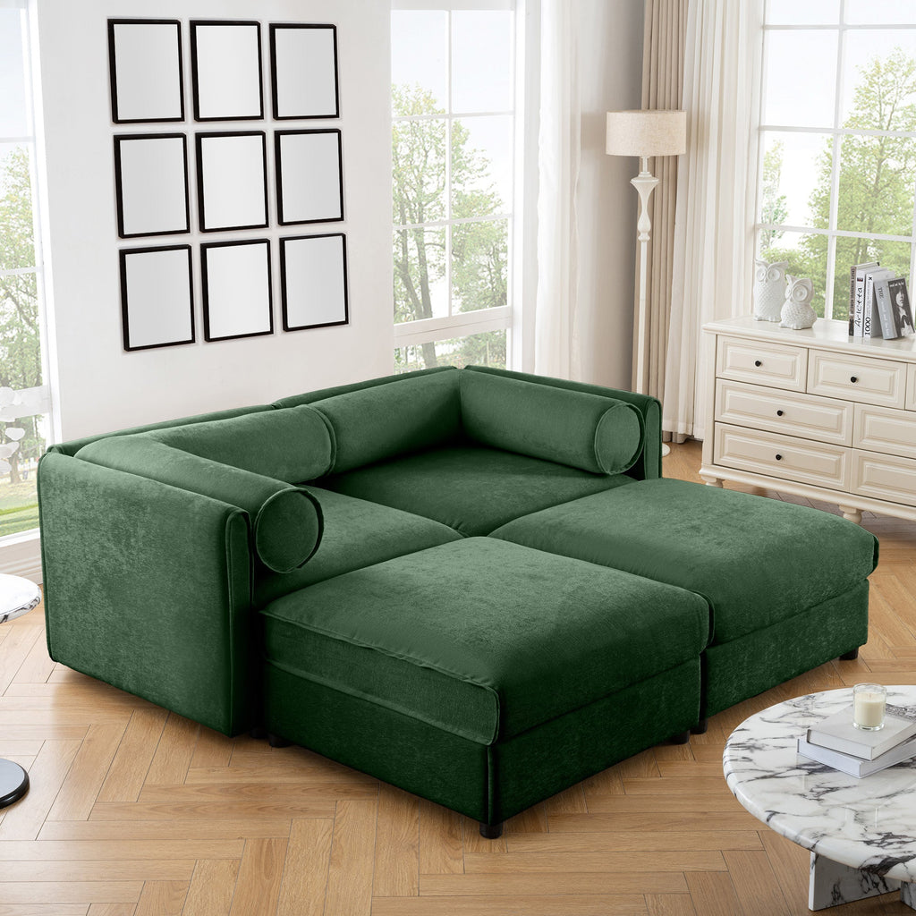 Stylish Green Chenille 2-Seater Sofa with 2 Ottoman Storage Seat, Cylindrical Backrest and Armrests, Modern Fabric Loveseat Featuring Hidden Storage Space
