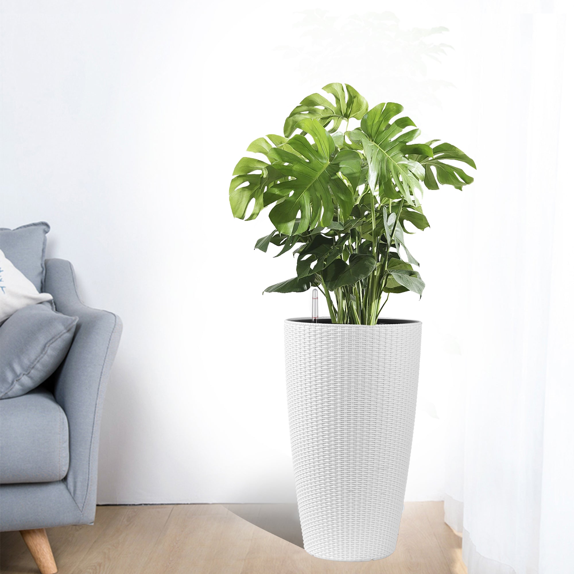 Faux Rattan Tall Planters Set with Water Level Monitor and Automatic Watering, White, Polypropylene, 22 Inch