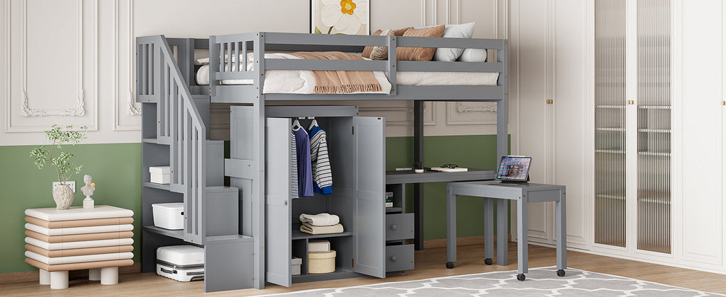 Twin Size Loft Bed with Stairs, Bookshelf, Drawers, Desk & Wardrobe – Space-Saving Multifunctional Furniture for Kids & Teens-Gray
