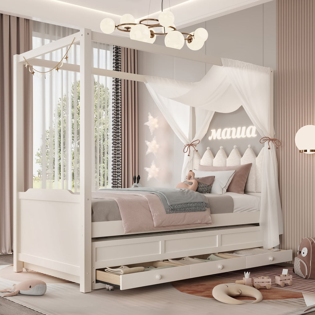 Twin Platform Bed with Upholstered Headboard,Twin Size Trundle and 3 Drawers,Princess Canopy Bed Frame for Kids,Storage & Easy Assembly,Beige
