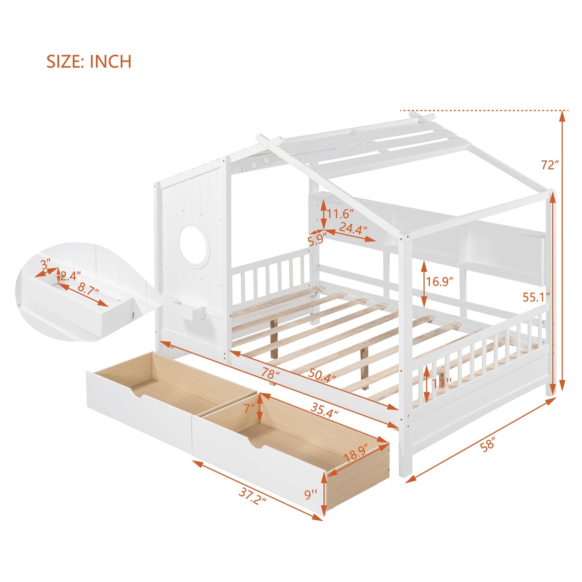 Wooden Full Size House Bed with 2 Drawers,Kids Bed with Storage Shelf, White(Old SKU: HL000052AAK)