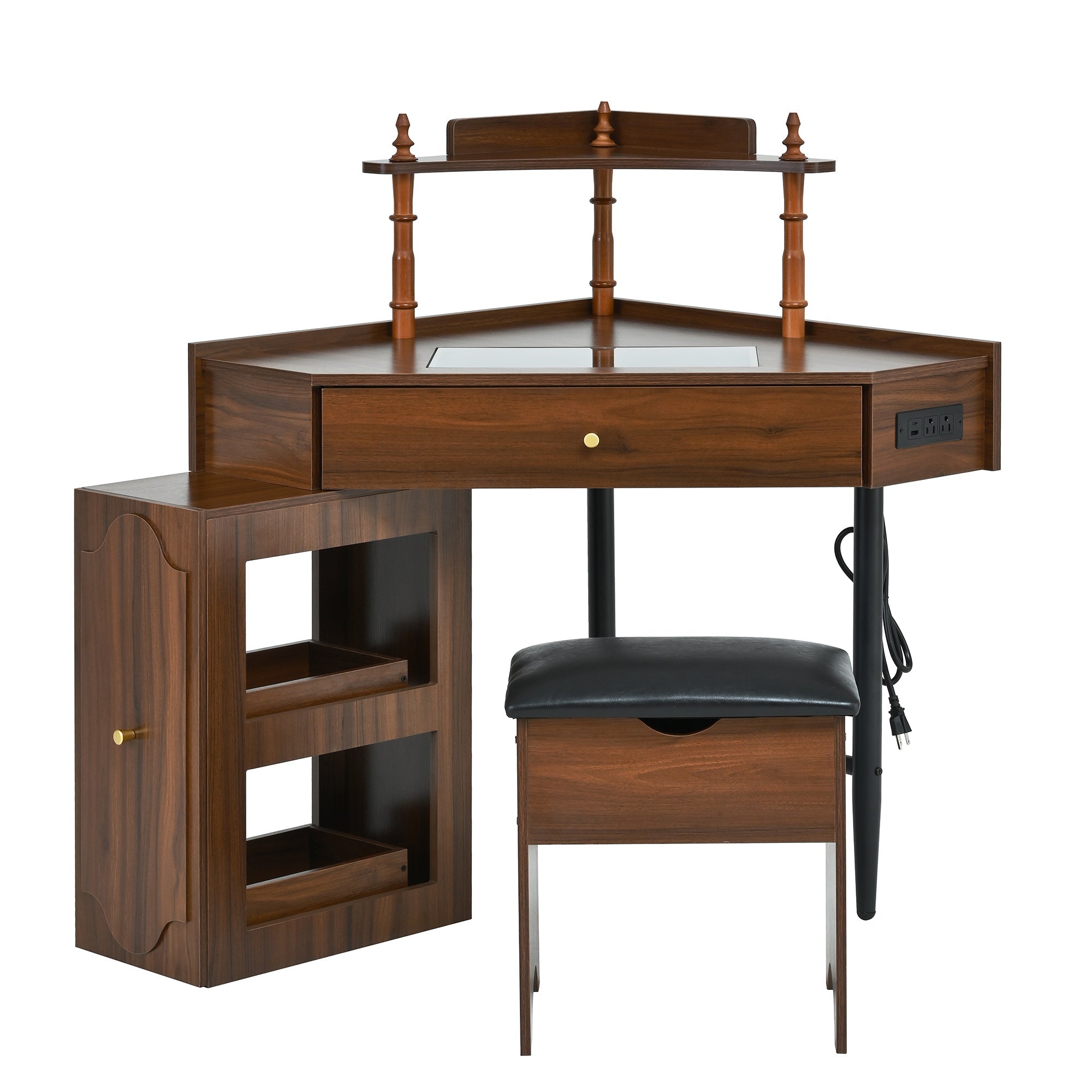 Corner Vanity Desk Set with Storage Cushioned Stool and Charging Station, Triangle Makeup Desk with Removable Pull-Out Side Cabinet, Glass Tabletop Makeup Vanity Desk with Drawer and Shelf, Walnut