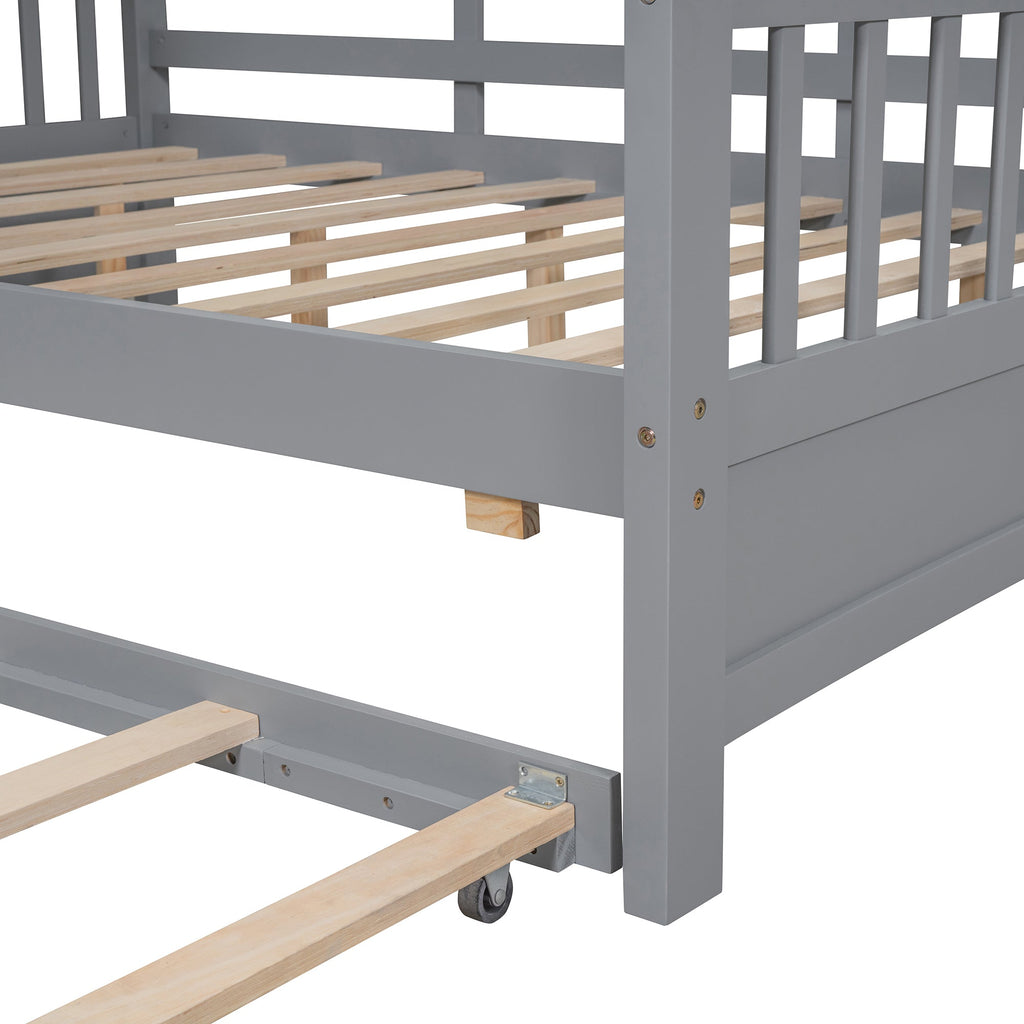 Wooden Full Size House Bed With Trundle, Modern Design for Kids with Storage Shlef, Gray(old SKU HL000095AAE)