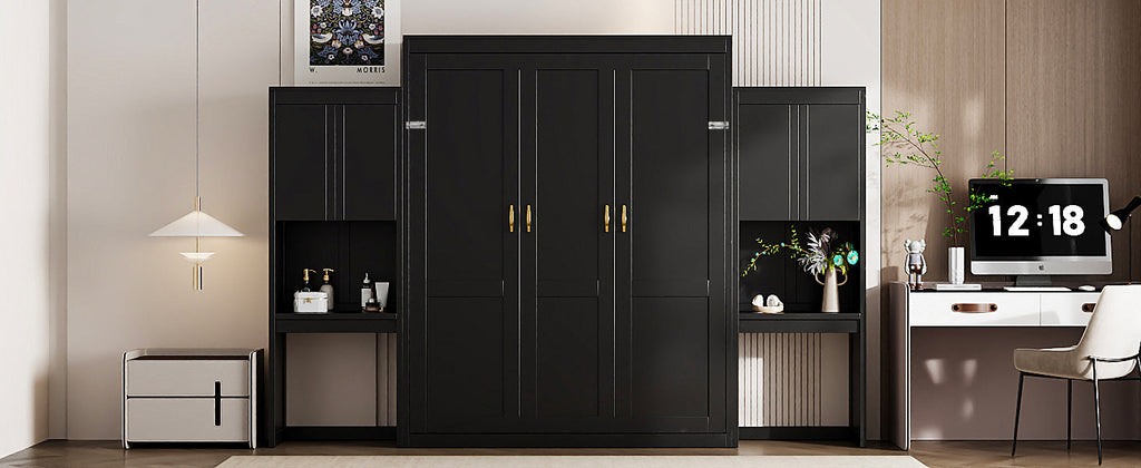 Queen Size Murphy Bed with Desk, Vanity and Cabinets, Espresso(OLD SKU: N820S00057P)