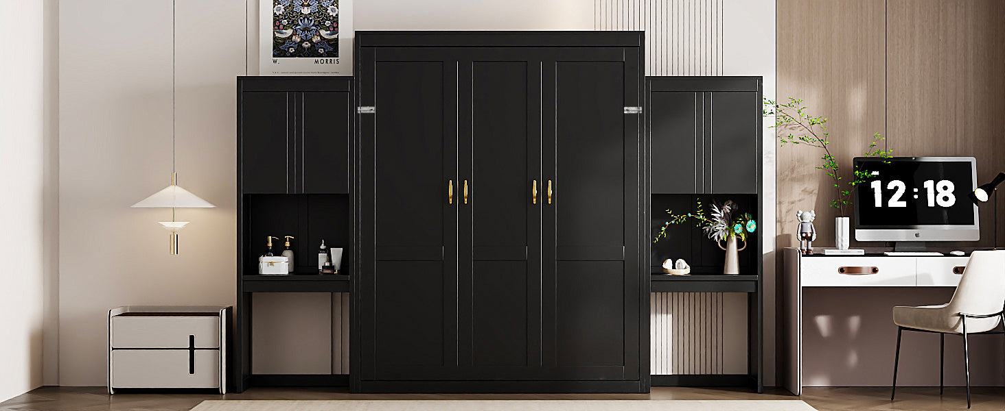 Queen Size Murphy Bed with Desk, Vanity and Cabinets, Espresso(OLD SKU: N820S00057P)