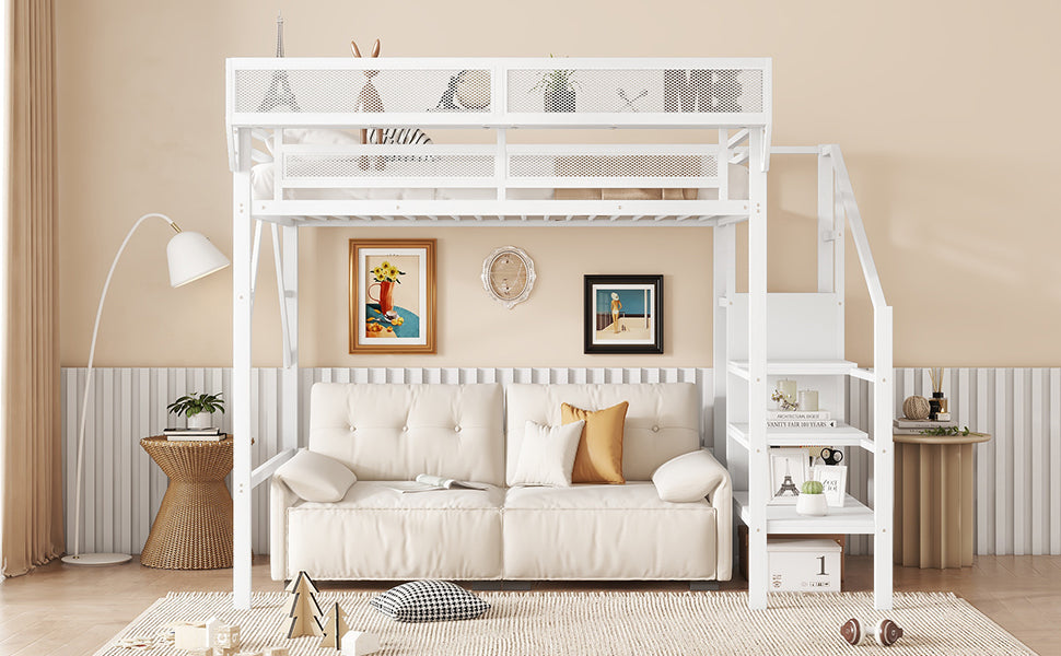 Twin Size Loft Bed with Stairs, Metal Full Loft Bed with Storage Shelves, High Loft Bed with Wardrobe for Kids Teens,White(Expect Arrival Date 2025/9/22)