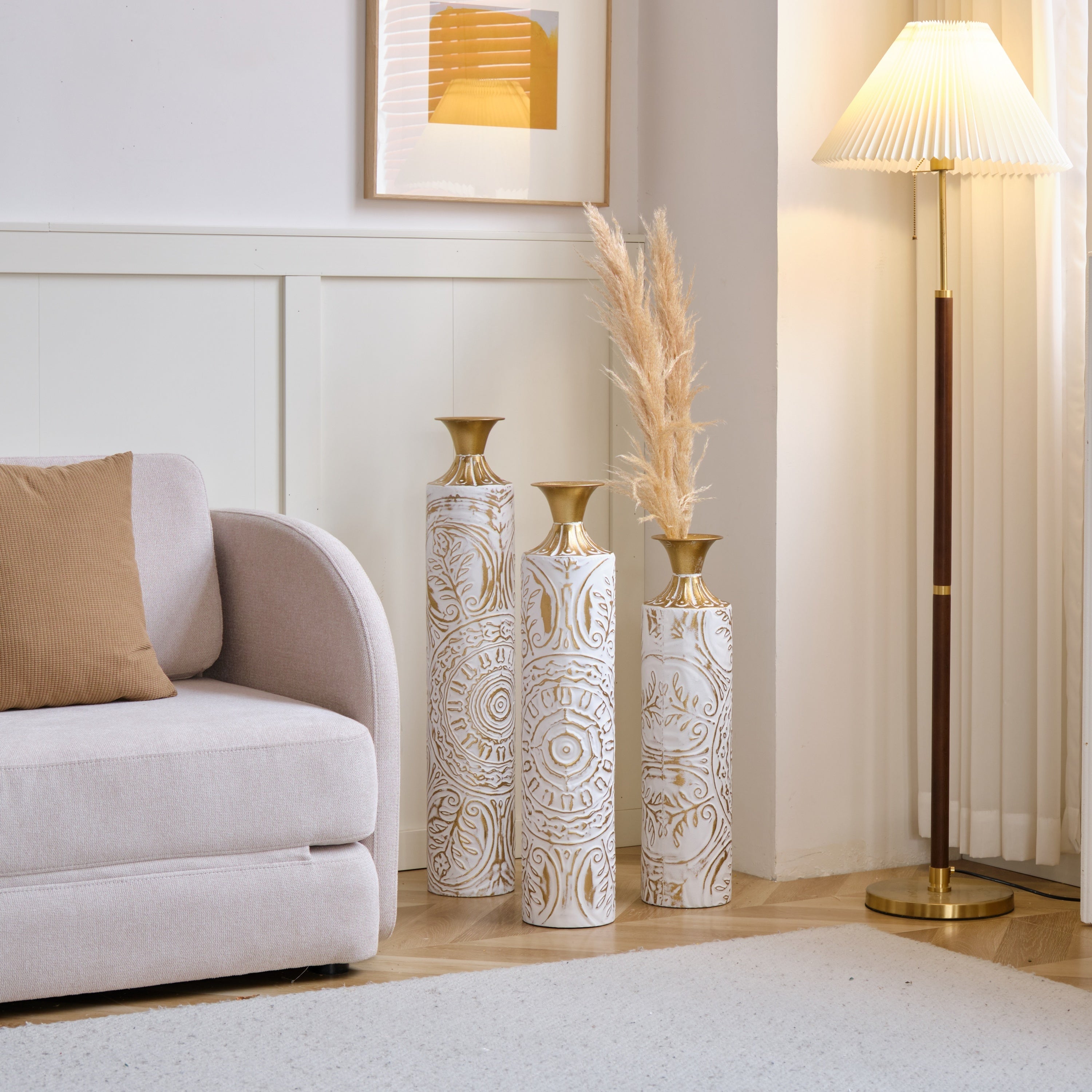 Floor Metal Vases Decorated White Metal Vases Set of 3 Gorgeous Home Decoration Large Glazed Metal Vases 24in/28.7in/33.5in Height