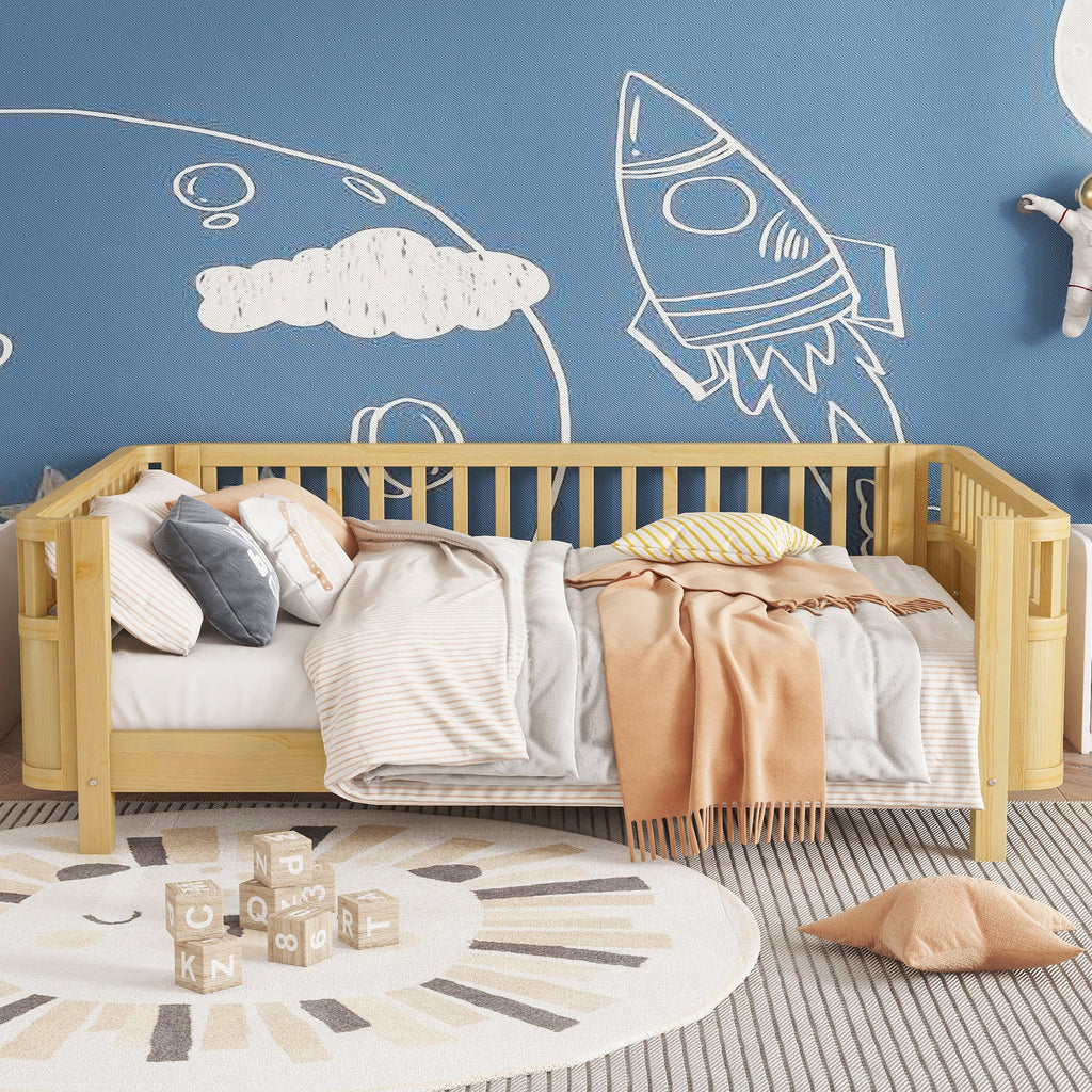 Full Size Wood Platform Bed for Kids, Wood Low Profile Full Bed with Rails for Girls and Boys, Natural (Patented Design, Old SKU W2593P233781)