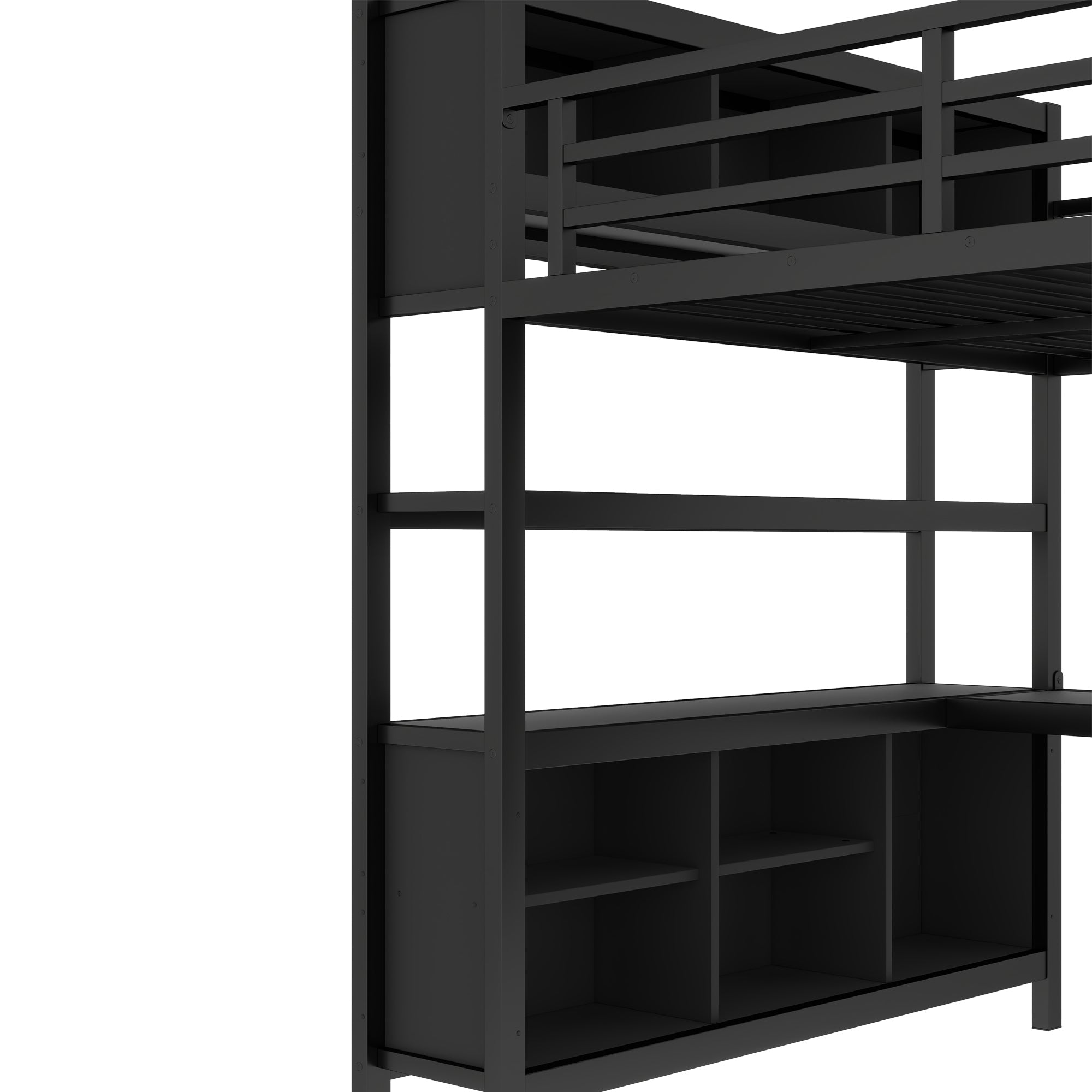 Metal Loft Bed with Wardrobe And L-shaped Desk, Queen Size Loft Bed with Storage Cubes and Shelves, Heavy Duty Loft Bed for Kids Teens Adults, Black
