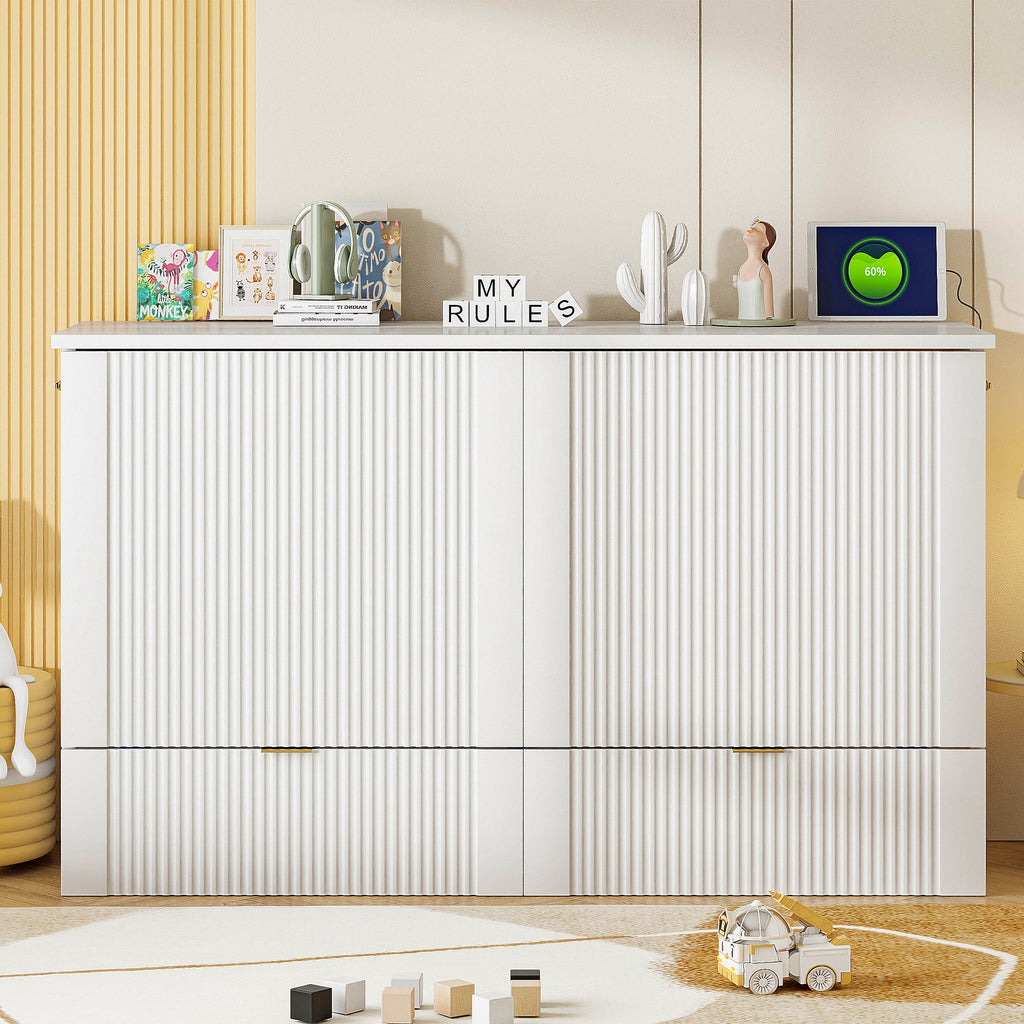 Queen Size Murphy  Bed with drawer and a set of Sockets & USB Ports, Pulley Structure Design, White