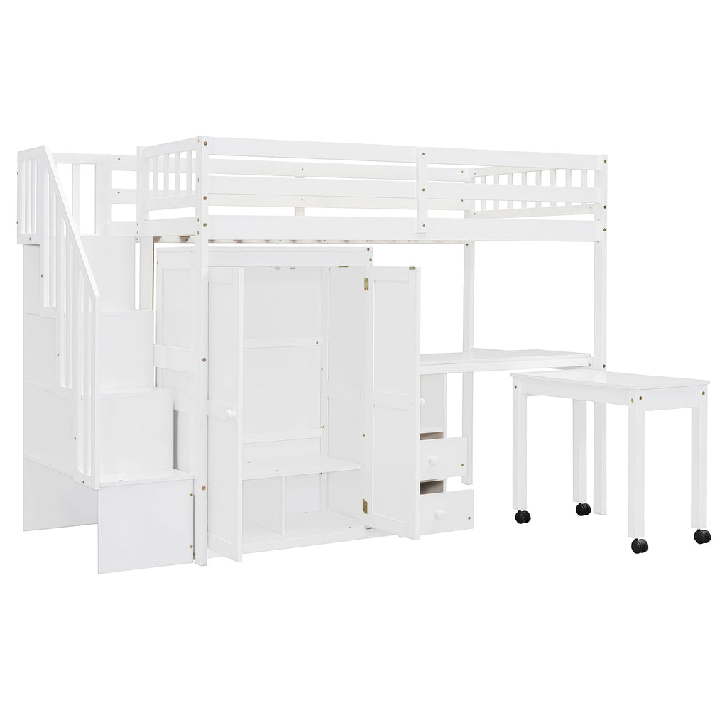 Twin Size Loft Bed with Stairs, Bookshelf, Drawers, Desk & Wardrobe – Space-Saving Multifunctional Furniture for Kids & Teens-White