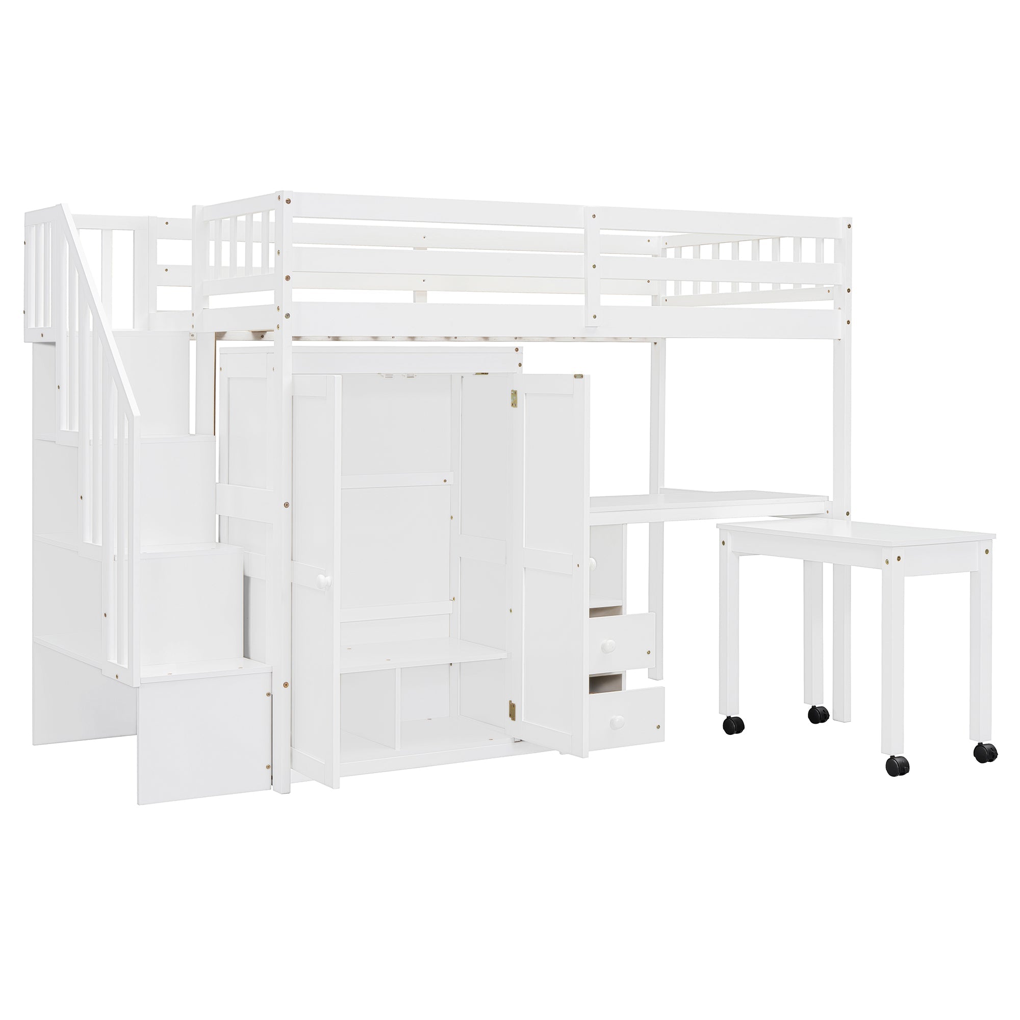 Twin Size Loft Bed with Stairs, Bookshelf, Drawers, Desk & Wardrobe – Space-Saving Multifunctional Furniture for Kids & Teens-White