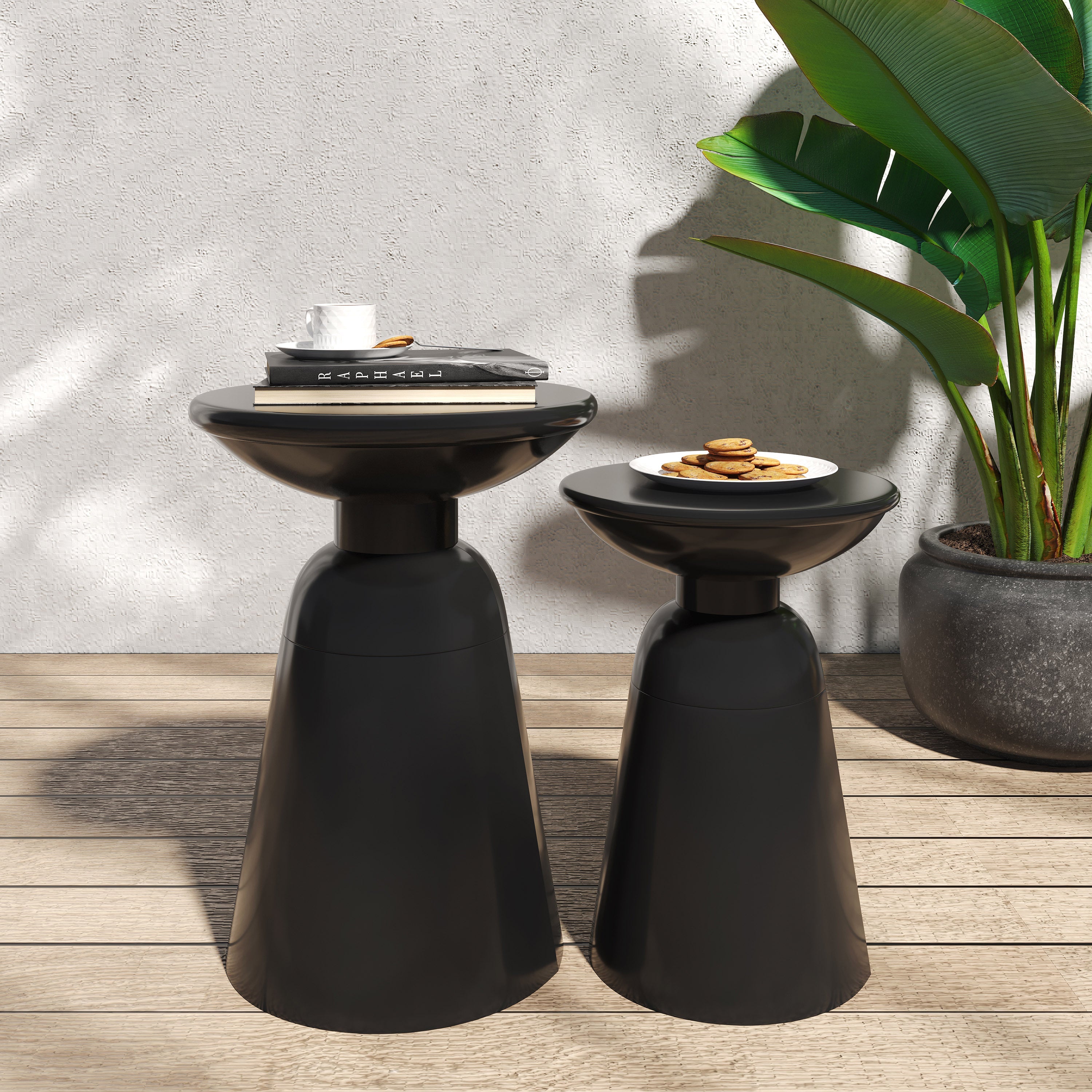 Serenita Outdoor Iron Side Tables with Flared Design, Set of 2 , Black