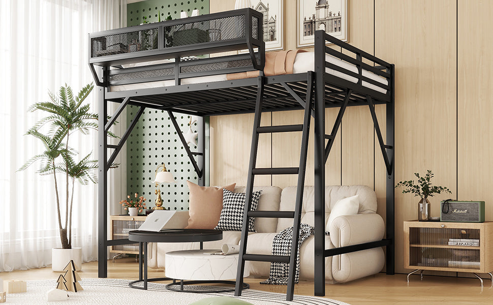 Queen Size Loft Bed with Ladder, Metal Queen Loft Bed with Storage Shelves, High Loft Bed for Kids Teens, Black(Expect Arrival Date 2025/12/3, Old SKU W2580P353530)