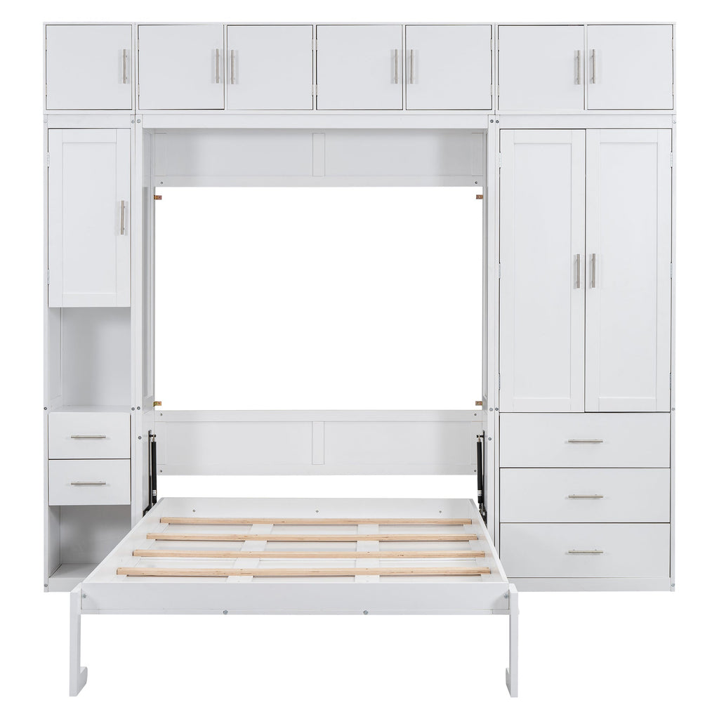 White Full Size Murphy Bed with Lockers and Wardrobes, MDF+Pine, 108.4''L x 15.7''W x 99''H