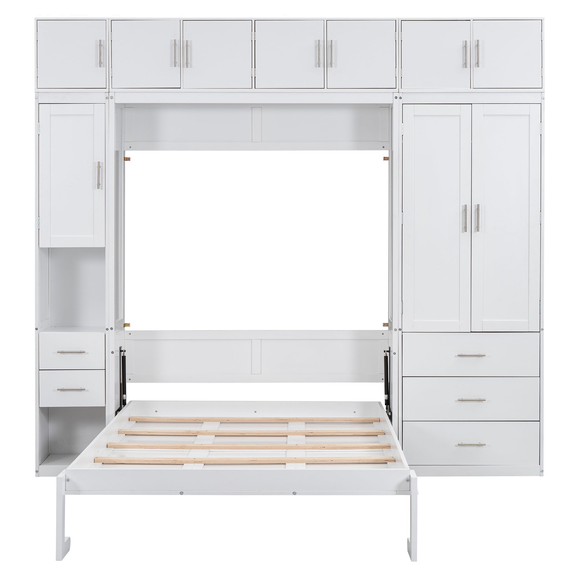 White Full Size Murphy Bed with Lockers and Wardrobes, MDF+Pine, 108.4''L x 15.7''W x 99''H