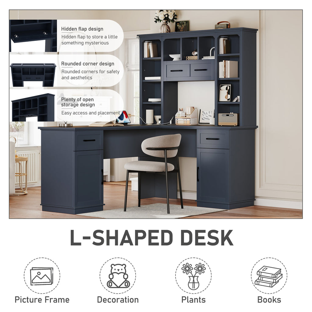L-Shaped Computer Desk with 2 Cabinets and 2 Drawers, 11 Open Shelves, with Power Outlet, for Study, Living Room and Office, Antique Blue