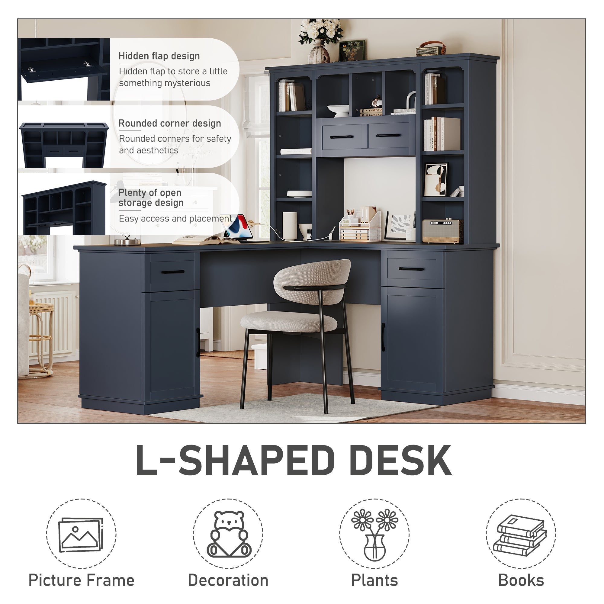 L-Shaped Computer Desk with 2 Cabinets and 2 Drawers, 11 Open Shelves, with Power Outlet, for Study, Living Room and Office, Antique Blue