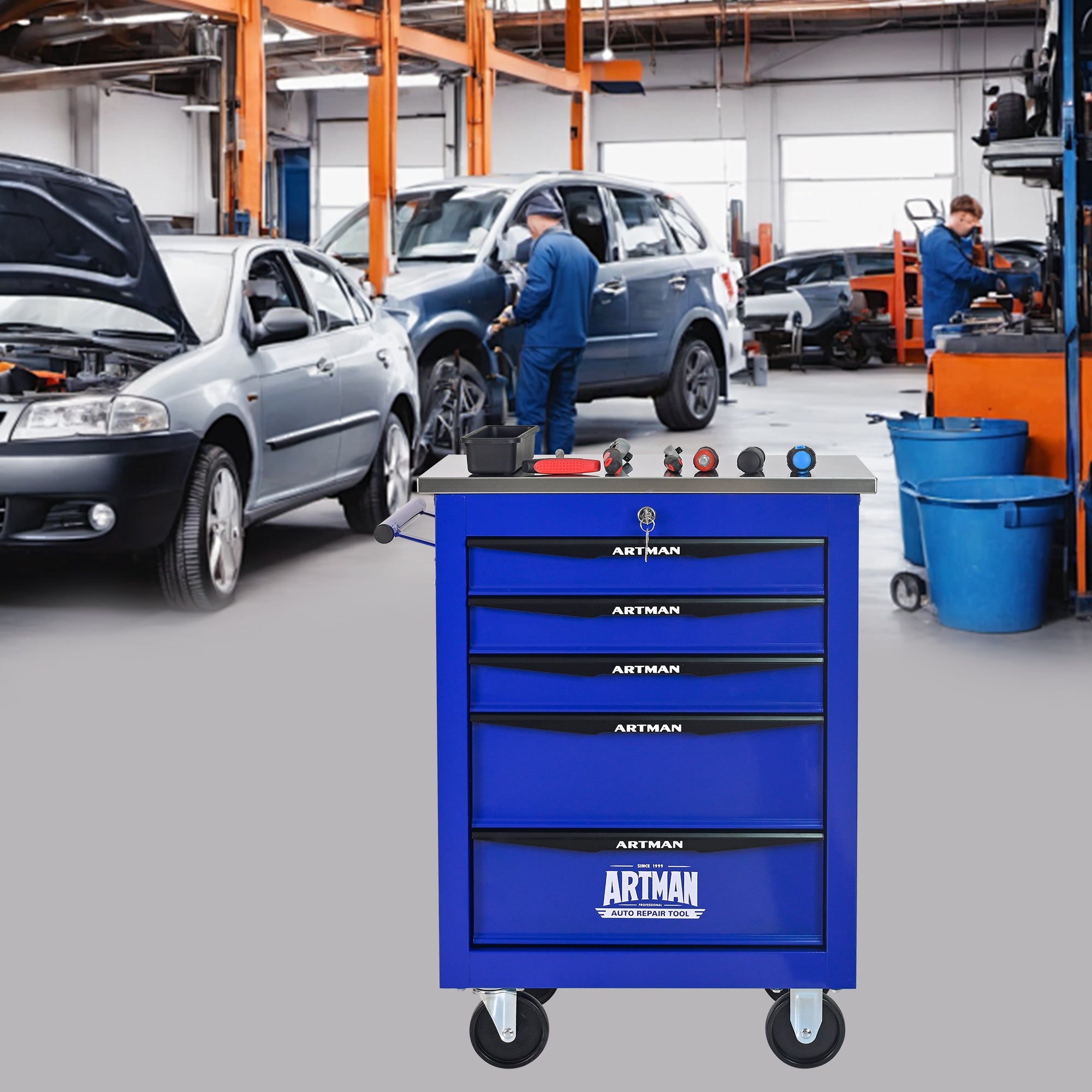 5 Drawers Multifunctional Tool Cart with Wheels,Metal Rolling Tool Cart Storage for Garage Workshop Warehouse Repair Shop--With Stainless Steel Roof- BLACK&BLUE