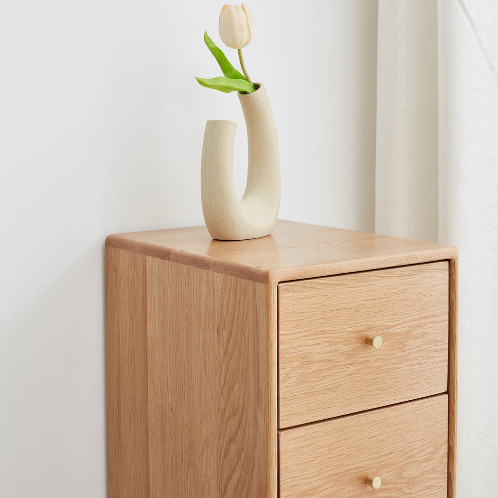 Modern Minimalist Solid Oak Bedside Table Storage Cabinet with Drawers in Oak Finish