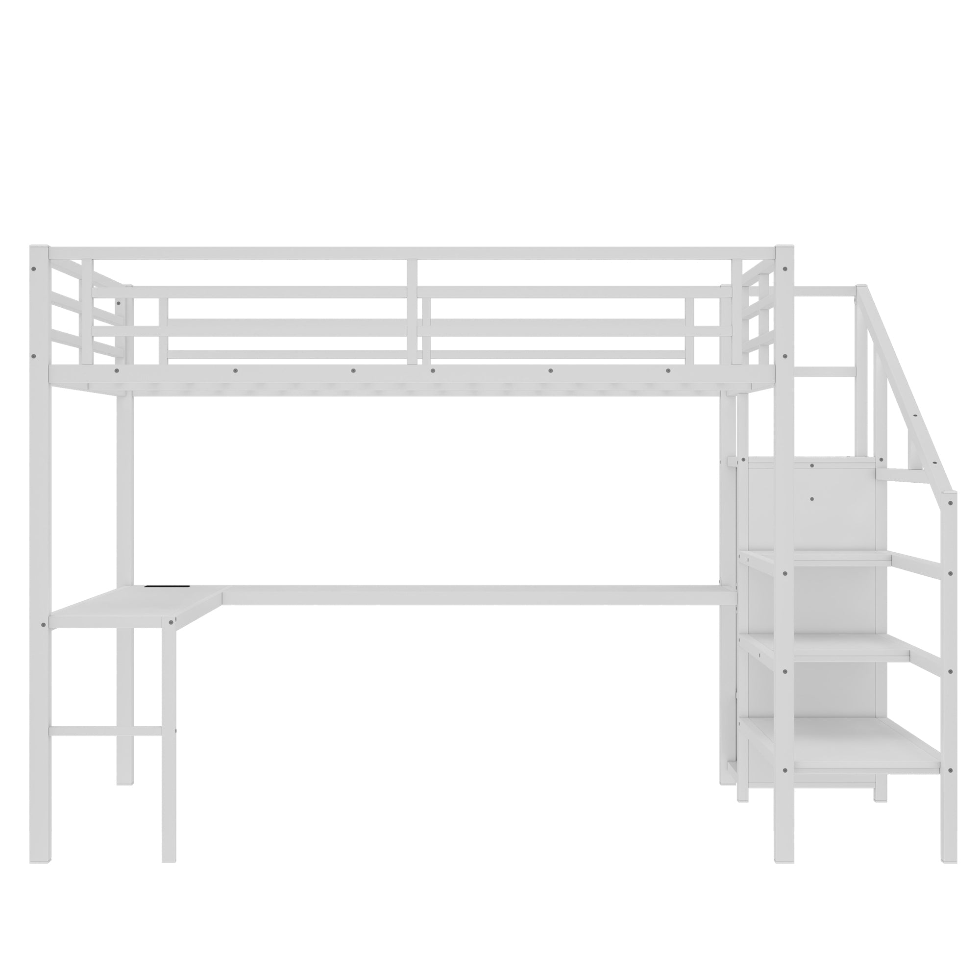 Queen Size Loft Bed with L-shaped Desk and USB, Metal Loft Bed with Wardrobe and Adjustable Shelf, High Loft Bed with LED for Kids Teens Adults, White