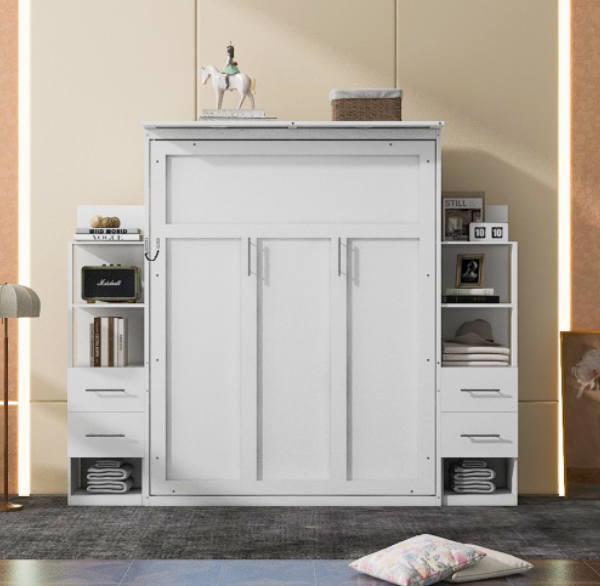 Queen Size Murphy Bed Wall Bed with Shelves, Drawers and LED Lights,White(OLD SKU:LP000566AAK-1)