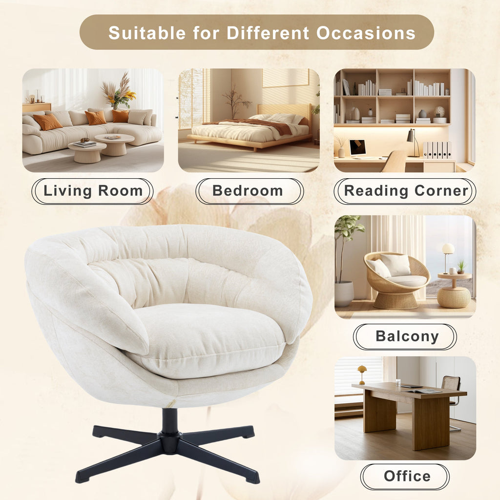 Modern Chenille Office Chair, 360° Swivel Club Chair/Accent Chair with Removable Cushion, Round Office Chair, Black Metal Base, Cotton Material, Living Room, Bedroom, Reading Corner, Office (Beige)