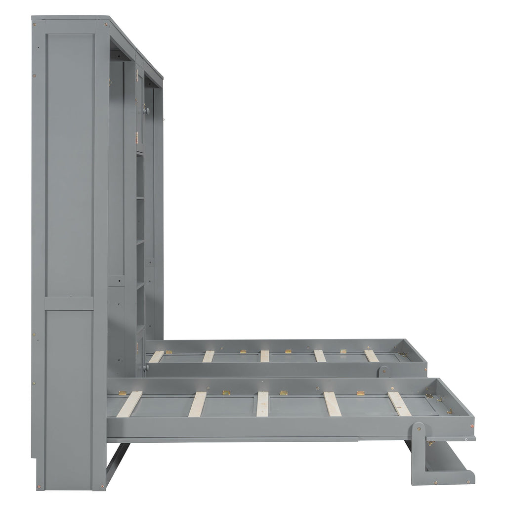 Dual Twin size Wall Murphy Beds with Cabinets and Shelves, Gray