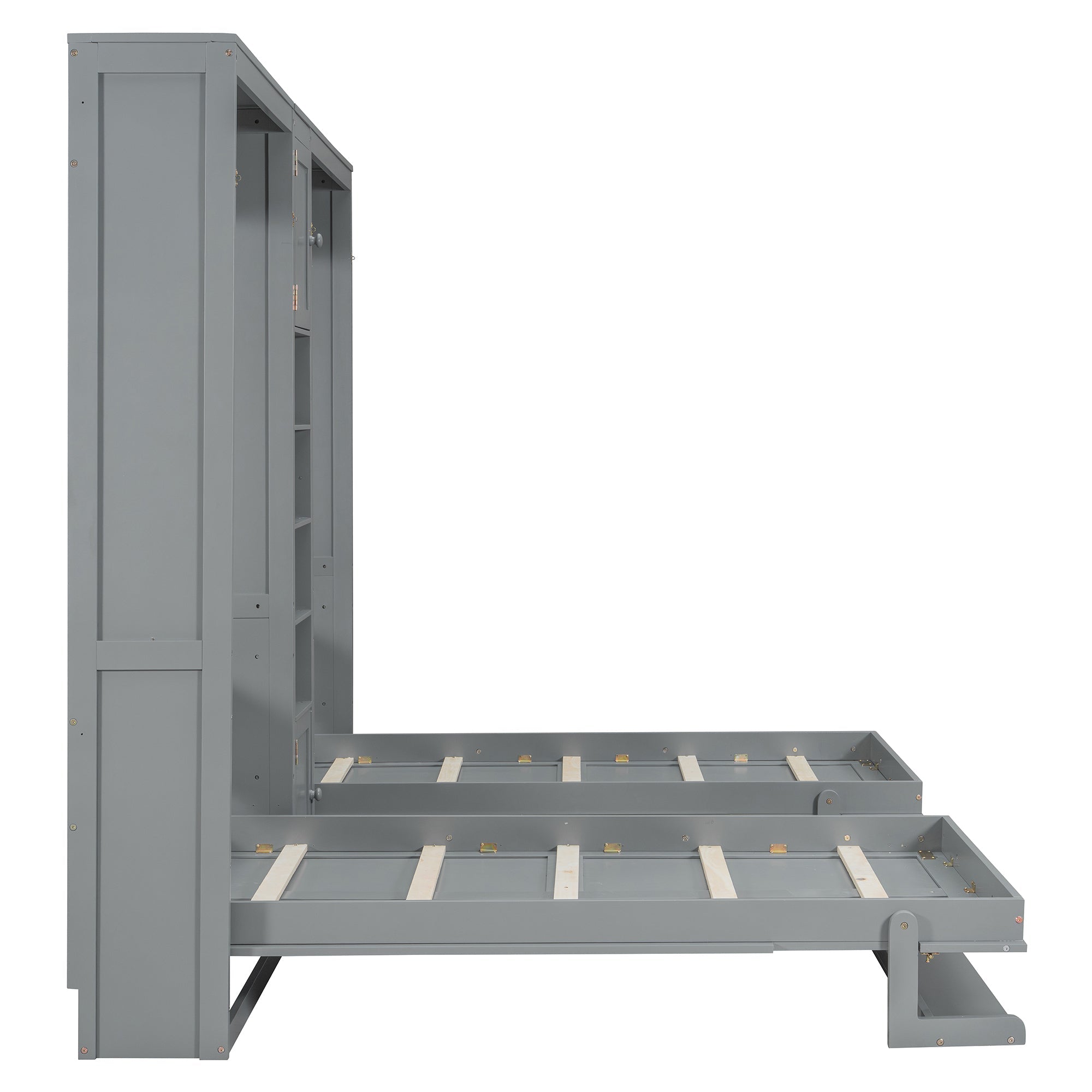 Dual Twin size Wall Murphy Beds with Cabinets and Shelves, Gray
