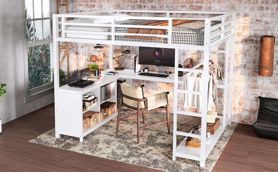 Metal Loft Bed with Wardrobe and L-shaped Desk, Full Size Loft Bed with Storage Cubes and Shelves, Loft Bed for Kids Teens Adults, White