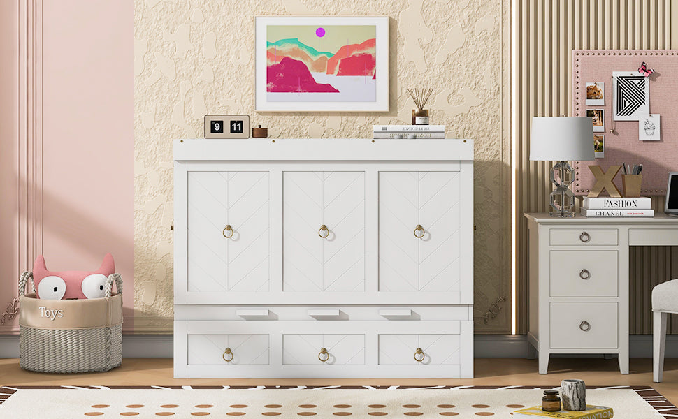 Full Size Murphy Bed with USB Port and a Large Drawer, White