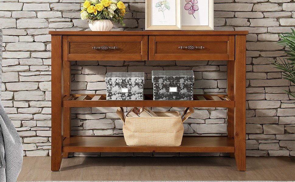 Console Sofa Table with 2 Storage Drawers and 2 Tiers Shelves, Mid-Century Style 42'' Solid Wood Buffet Sideboard for Living Room Furniture Kitchen Dining Room Entryway Hallway, Brown