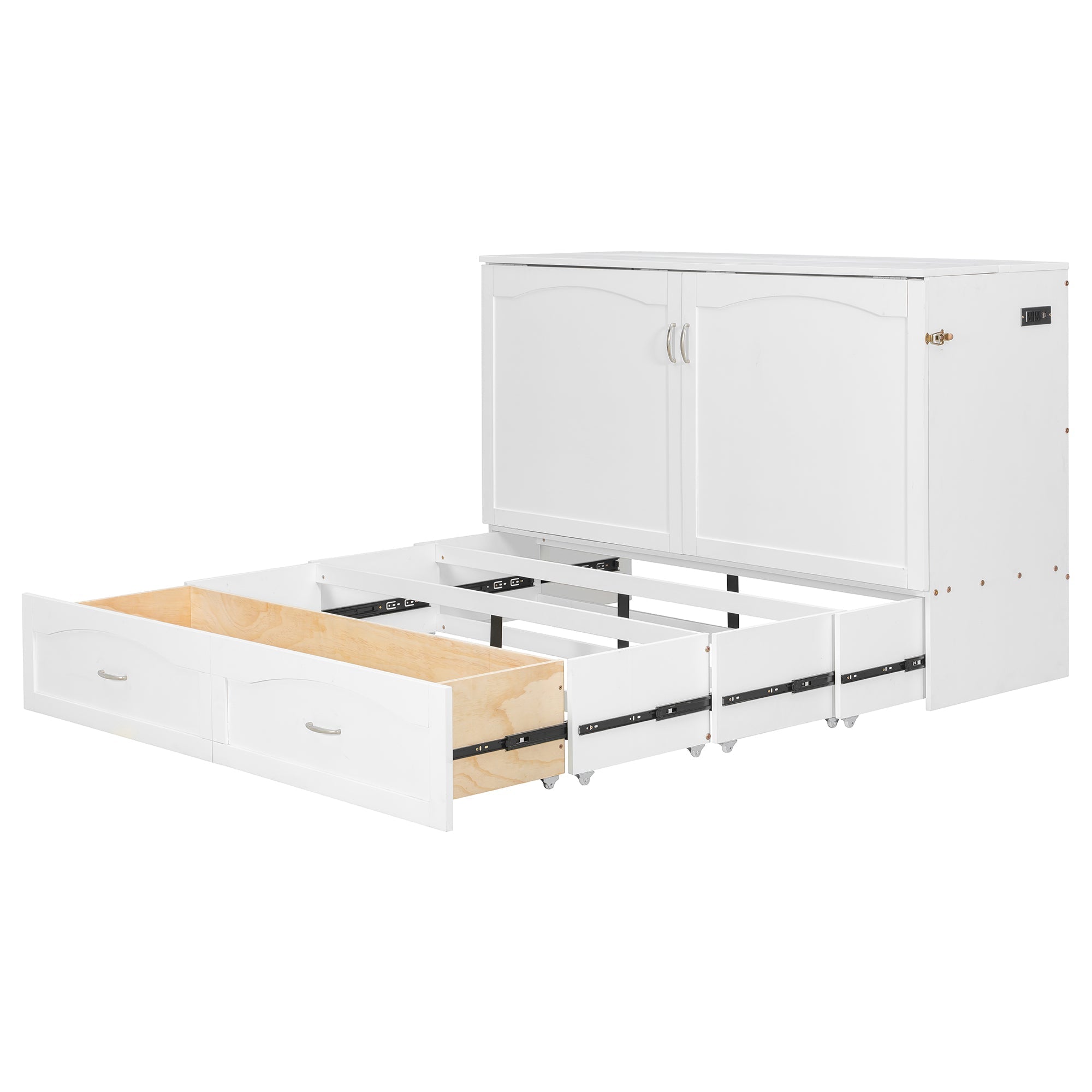 Queen Size Murphy Bed Wall Bed with drawer and a set of Sockets & USB Ports, Pulley Structure Design, White(OLD SKU: LP100671AAK)