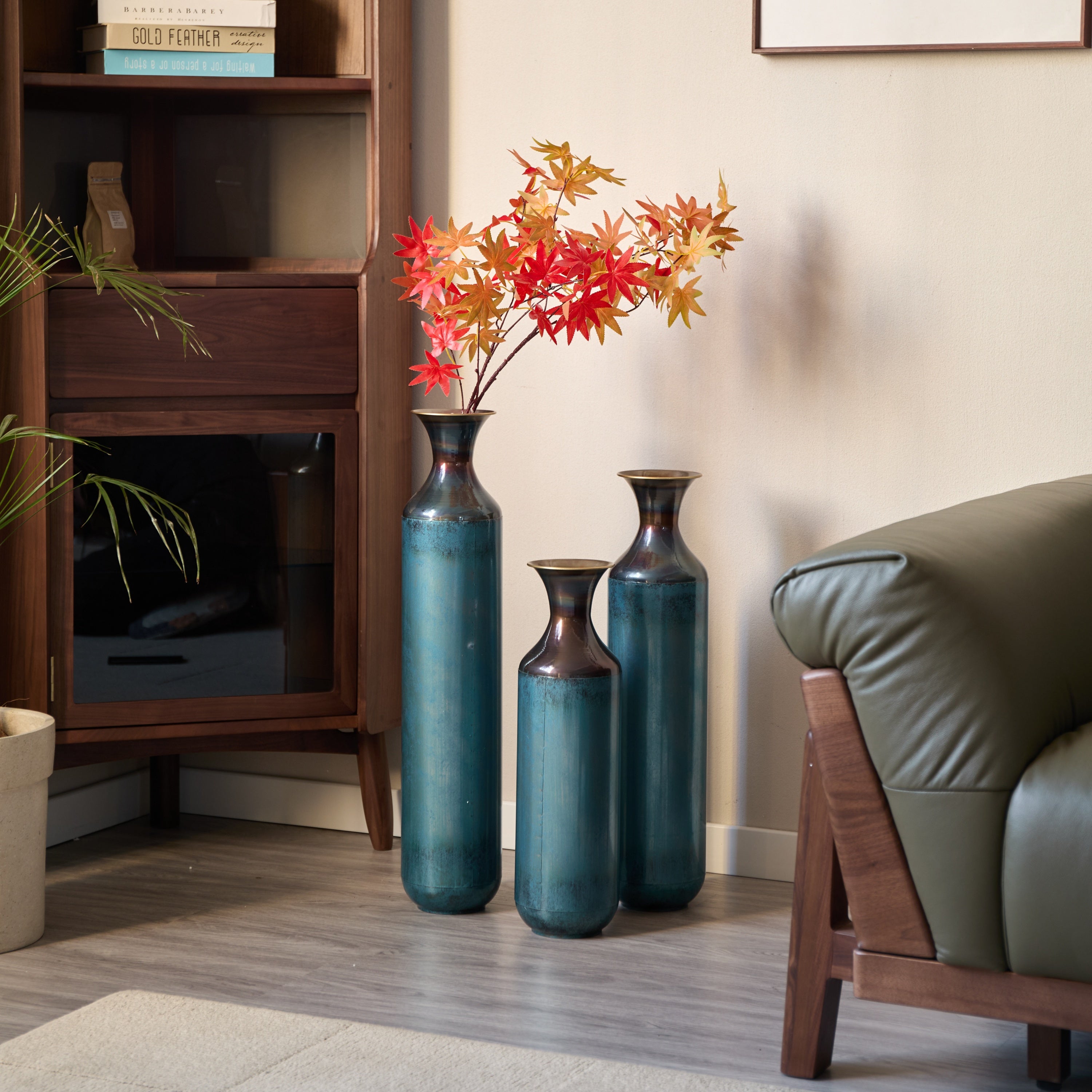 Modern Droplet-Shaped Floor Vase Set – Aqua Blue Glazed Metal Decorative Vases – 3-Piece Home Decor in 20.4 In, 24.4 In & 28.34 In Heights