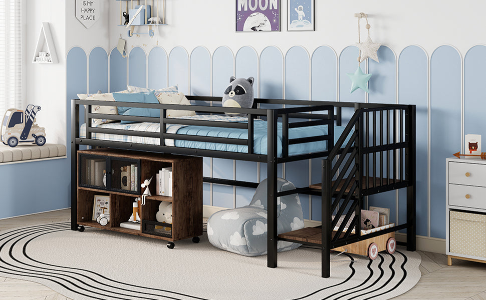 Twin Metal Loft Bed with Storage Cubby, Low Metal Loft Bed with Stairs for Kids, Black, Expect Arrival Date 2025/11/10