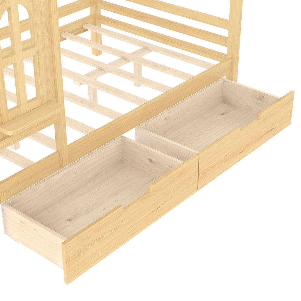 Full house Beds with Storage Drawers and Window, Solid Wood House Platform Bed Frame with shelves, for Kids, Girls, Boys, No Spring Box Needed and Childlike Design, Natural