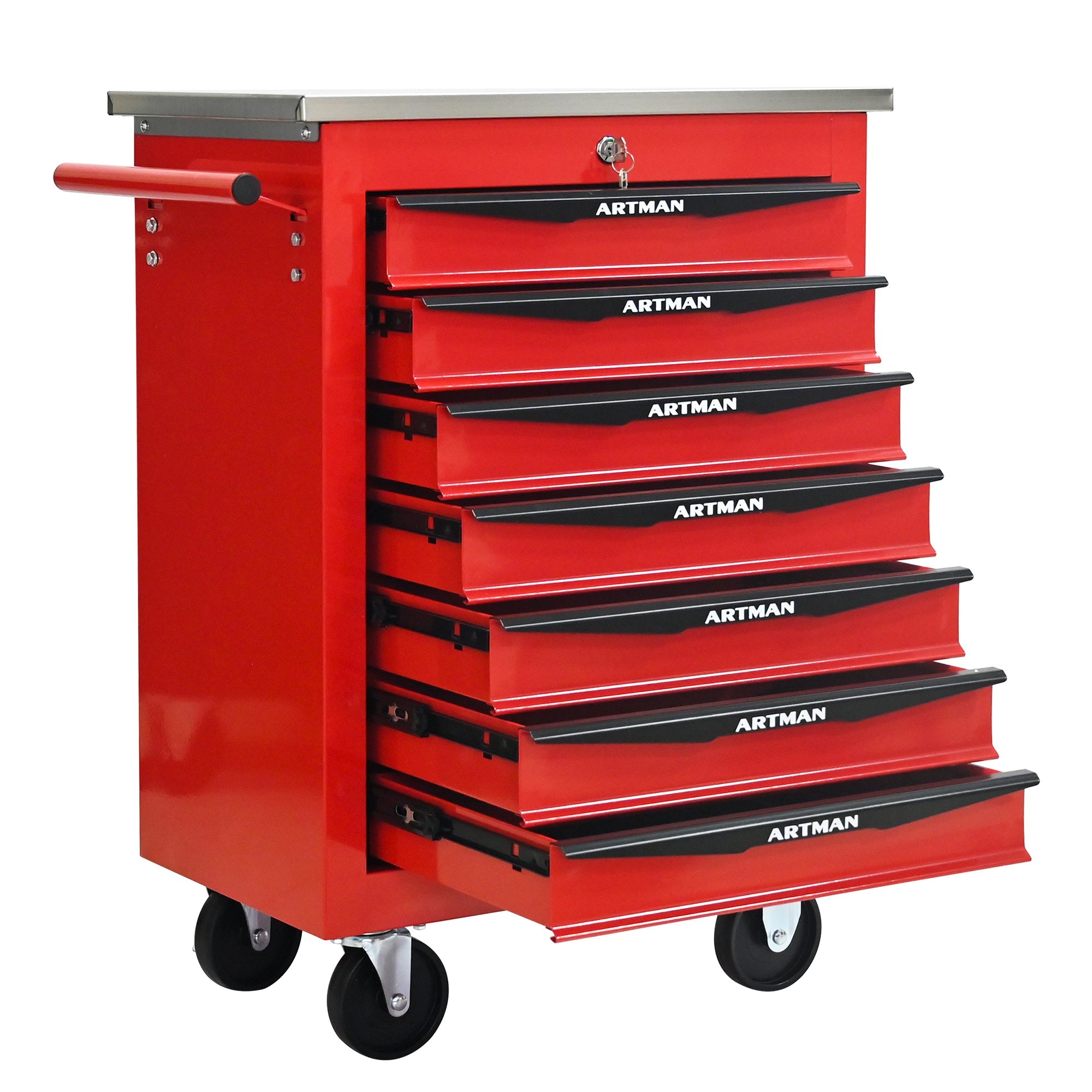 7 Drawers Multifunctional Tool Cart with Wheels,Metal Rolling Tool Cart Storage for Garage Workshop Warehouse Repair Shop--With Stainless Steel Roof- Red&Black