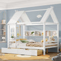 Full house Beds with Storage Drawers and Window, Solid Wood House Platform Bed Frame with shelves, for Kids, Girls, Boys, No Spring Box Needed and Childlike Design, White