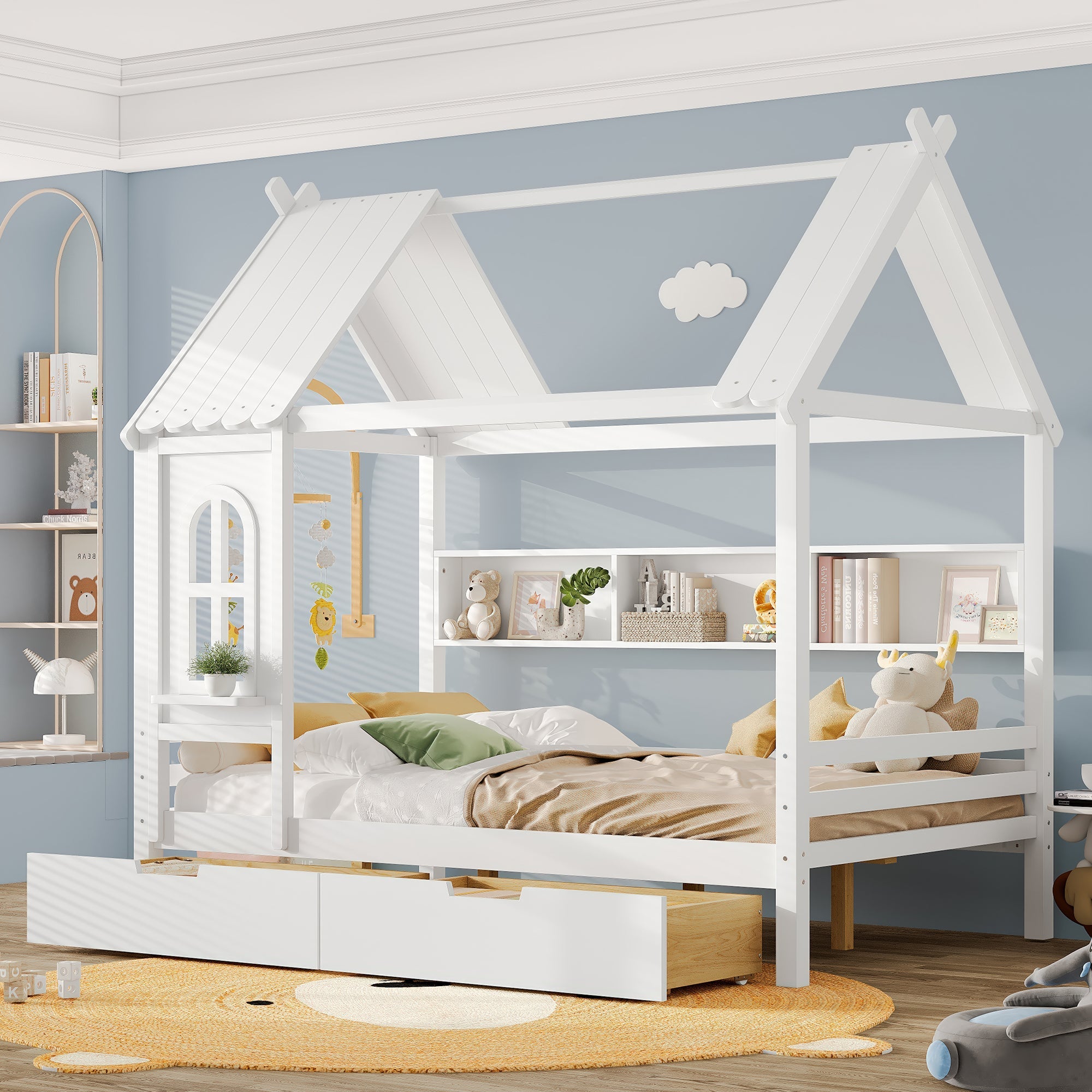 Full house Beds with Storage Drawers and Window, Solid Wood House Platform Bed Frame with shelves, for Kids, Girls, Boys, No Spring Box Needed and Childlike Design, White