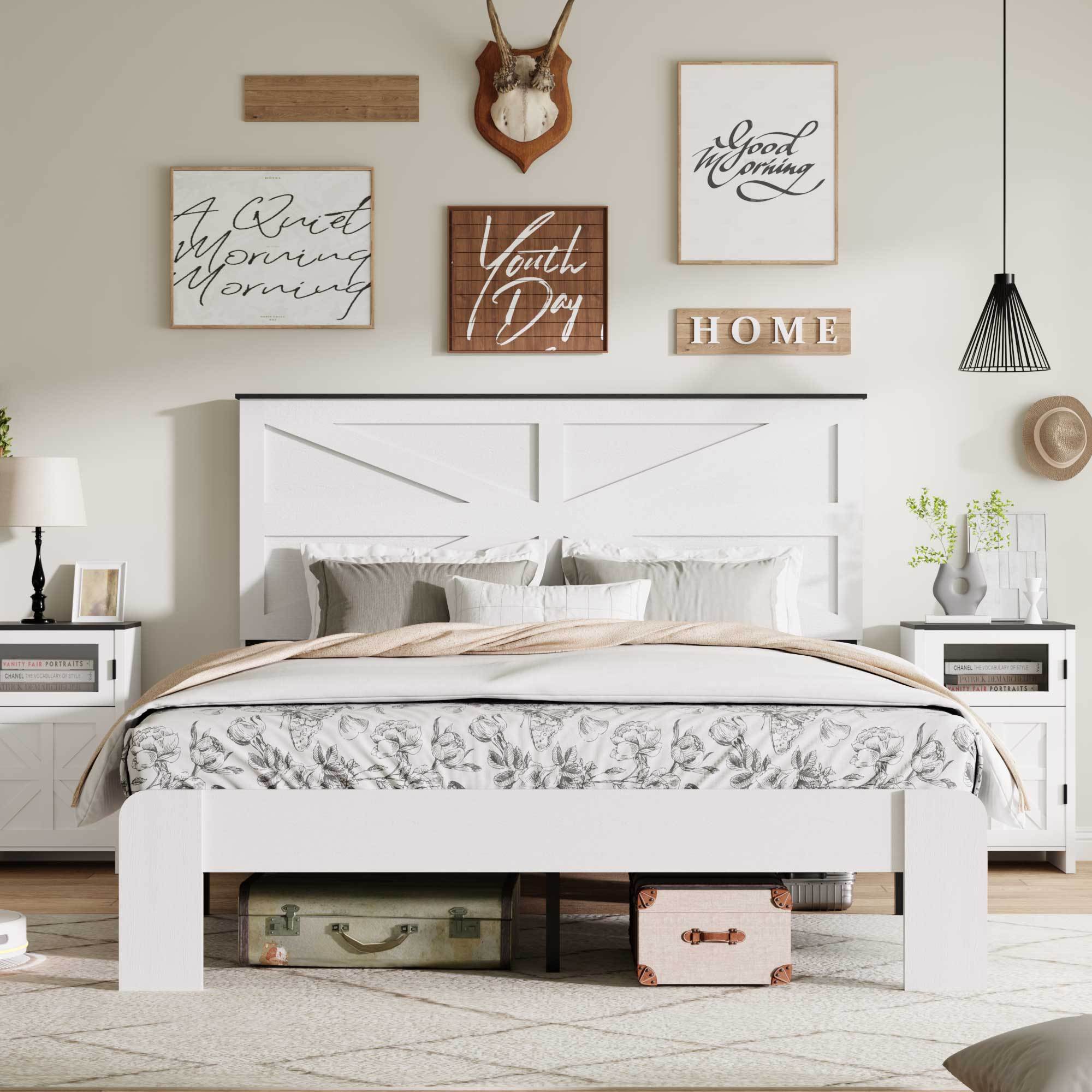 Queen Bed Frame Headboard , Wood Platform Bed Frame , Noise Free,No Box Spring Needed and Easy Assembly Tool,Large Under Bed Storage,White