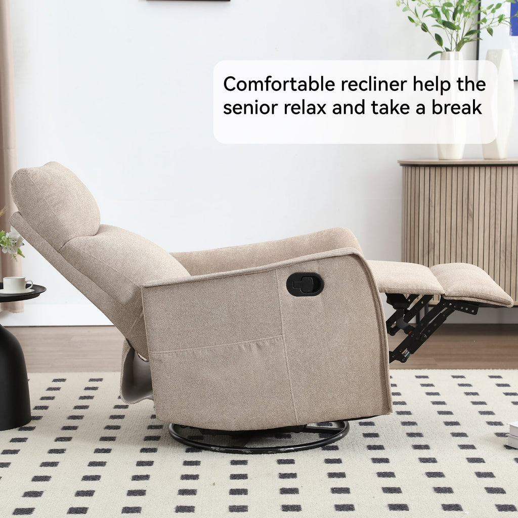 Heat Massage Manual Recliner Chair with Rocker and Swivel in Fabric for Living Room, Khaki